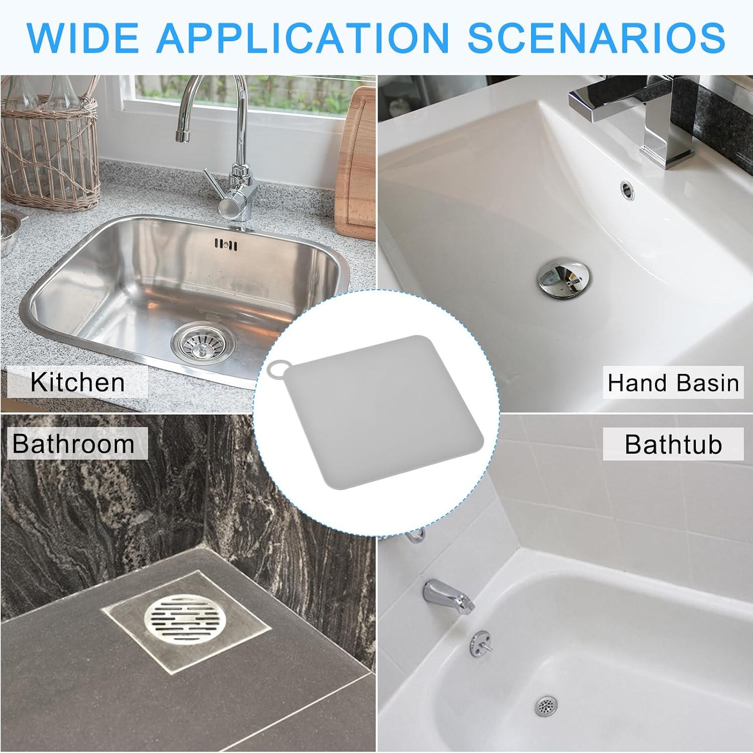 uxcell Silicone Tub Stopper Floor Drain Cover, 8 x 8inch Anti-Odor Bathtub Drain Mat Plugs Sewer Stopper for Kitchen Bathroom Balcony, Square Grey 4Pcs