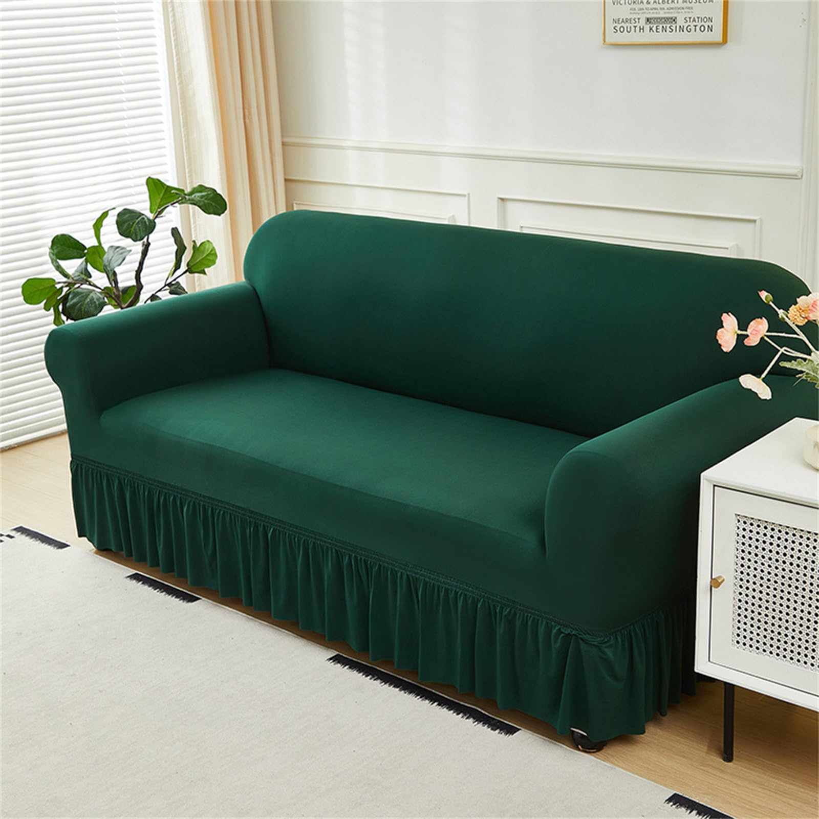Odot Sofa Cover Dark Color with Skirt,Stretch Sofa Cover 1 2 3 4 Seater,Breathable Sofa Slipcovers,for Corner Sofa Cover L Shape, Couch Cover Non Slip Furniture Protector Cover (3 Seater,Dark green)
