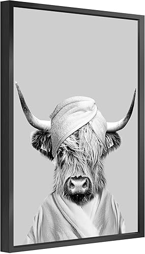 jenesaisquoi Highland Cow - Arte de pared para decoración de baño, lienzo con marco en blanco y negro, impresiones artísticas de animales