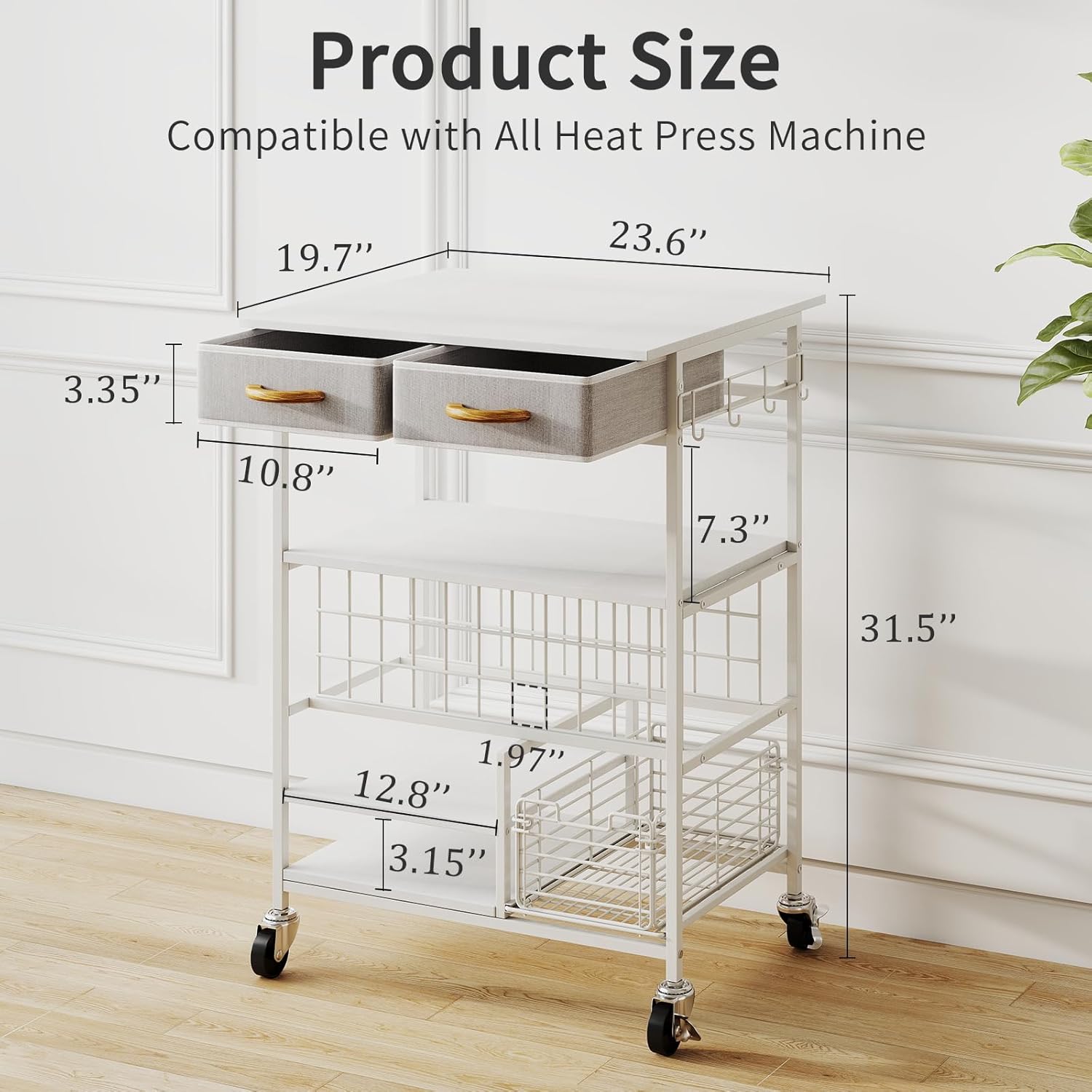 Hadulcet All-in-One Heat Press Table - 6-Tier Mobile Craft Cart with Storage Basket & Hooks, Vinyl Roll Holder, Compatible for Cricut, Sublimation Transfer Machine, Printer or T-Shirt Maker (White)