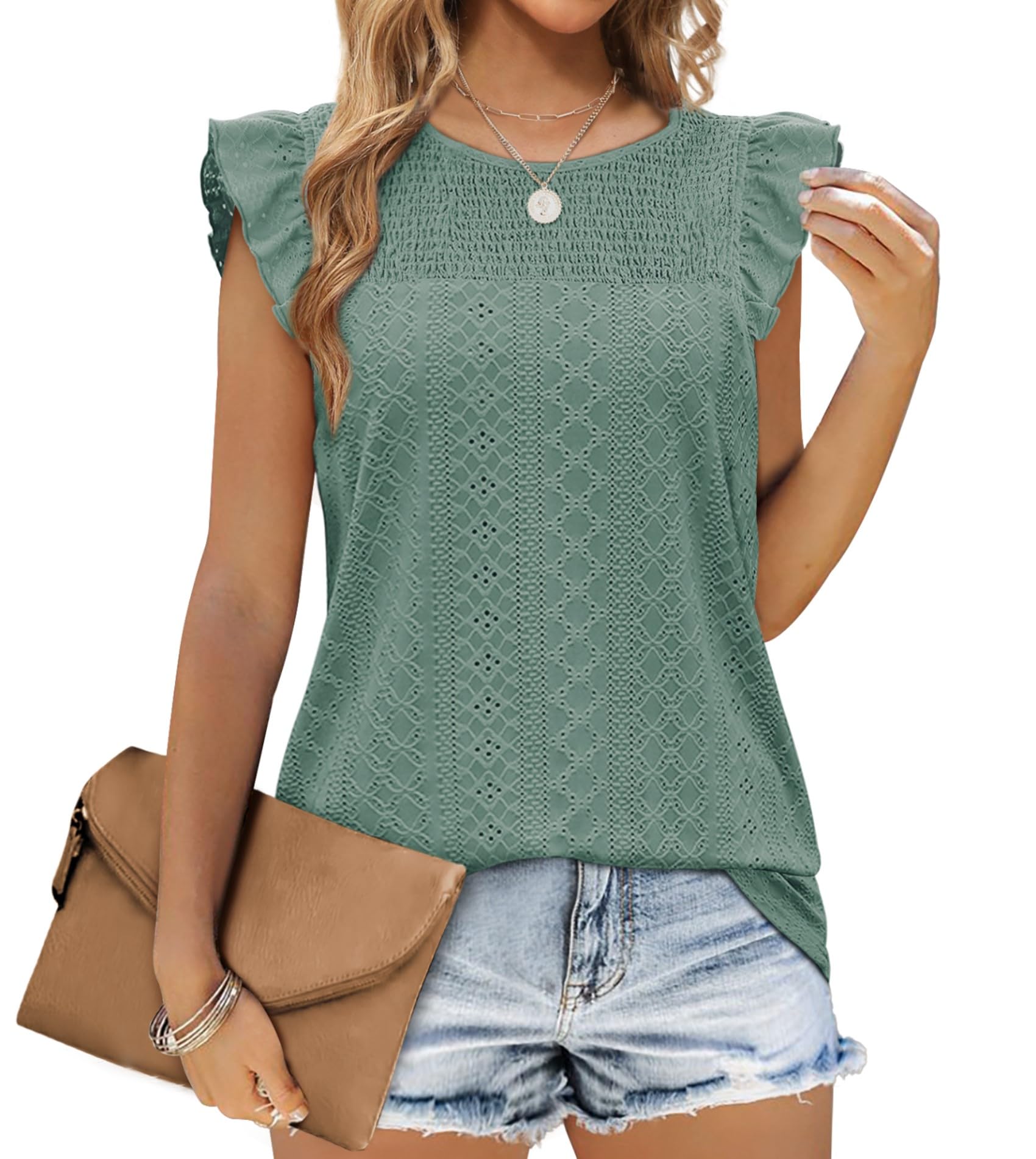 Jescakoo Tank Tops for Women Hollow Ruffle Sleeve Tops for Women Sleeveless Blouses Trendy Spring Summer Clothes 2025