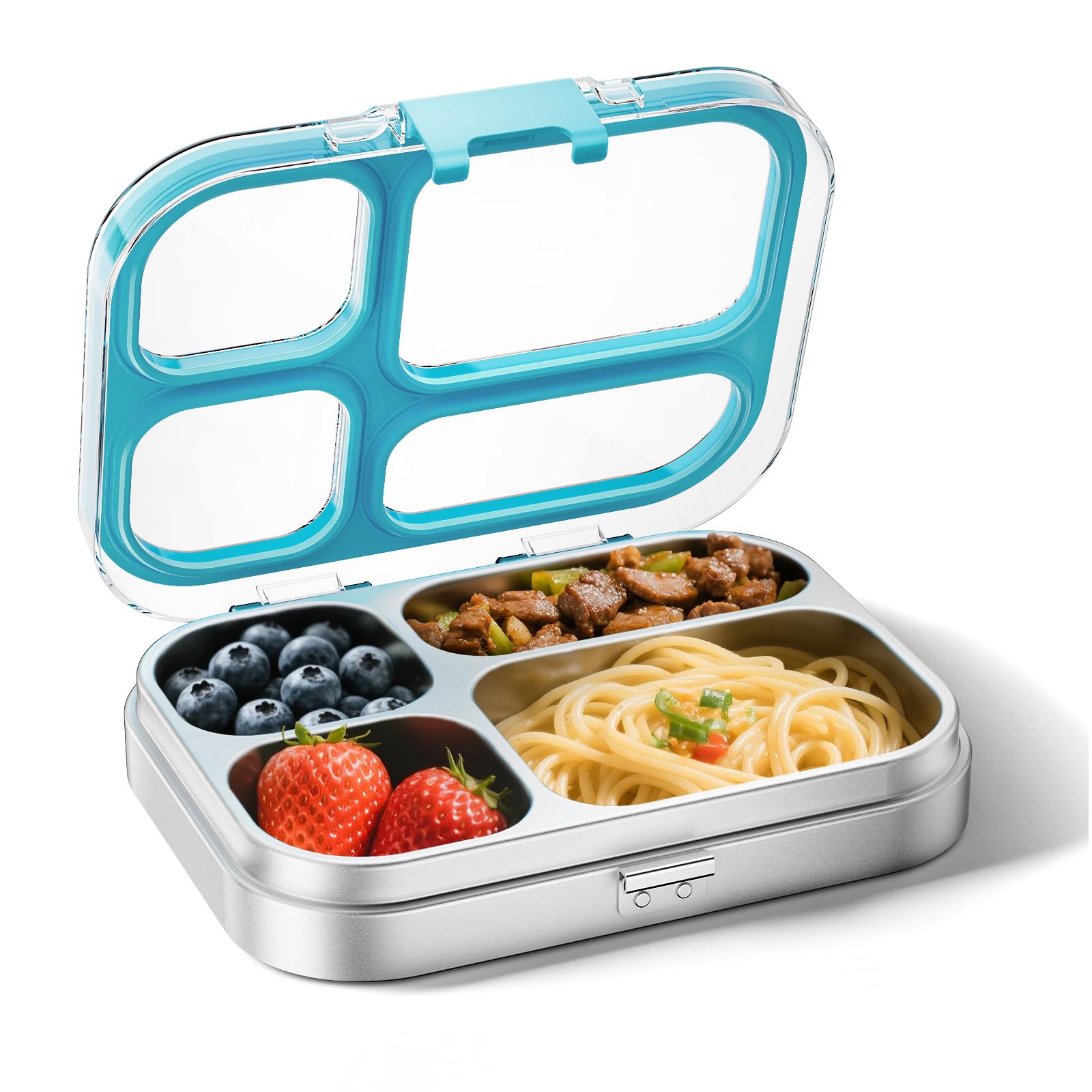 G.a Homefavor Blue Stainless Steel Bento Lunch Box Kids 800Ml, Leakproof Metal Bento Box 4 Compartments, Sandwich Snack Box Food Storage Container Kindergarten School, Dishwasher Safe, Bpa-Free,