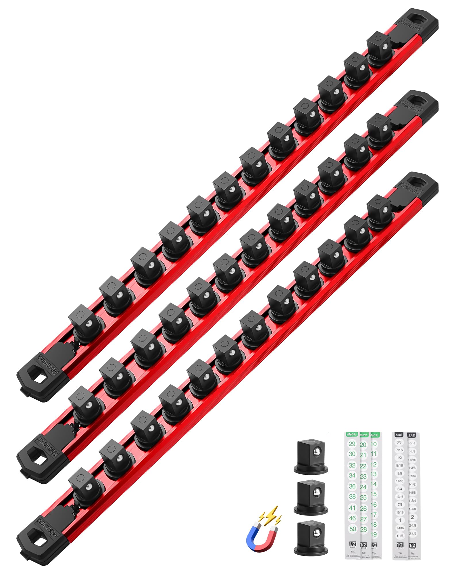 ALOANES Magnetic Socket Organizer, 1/2" Rail 36 Clips (Red, 3PC)