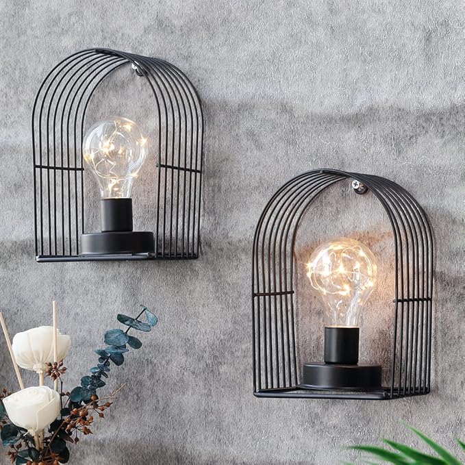 JHY DESIGN JHY DESIGN 7''H Unieke Draadloze Wandkandelaar Set van 2 Metalen Wandmontage Lamp met 6 Uur Timer en Warm Witte Fairy Lights Lamp Wanddecoratie voor Slaapkamer Woonkamer Hal Trap (rond) photo 2