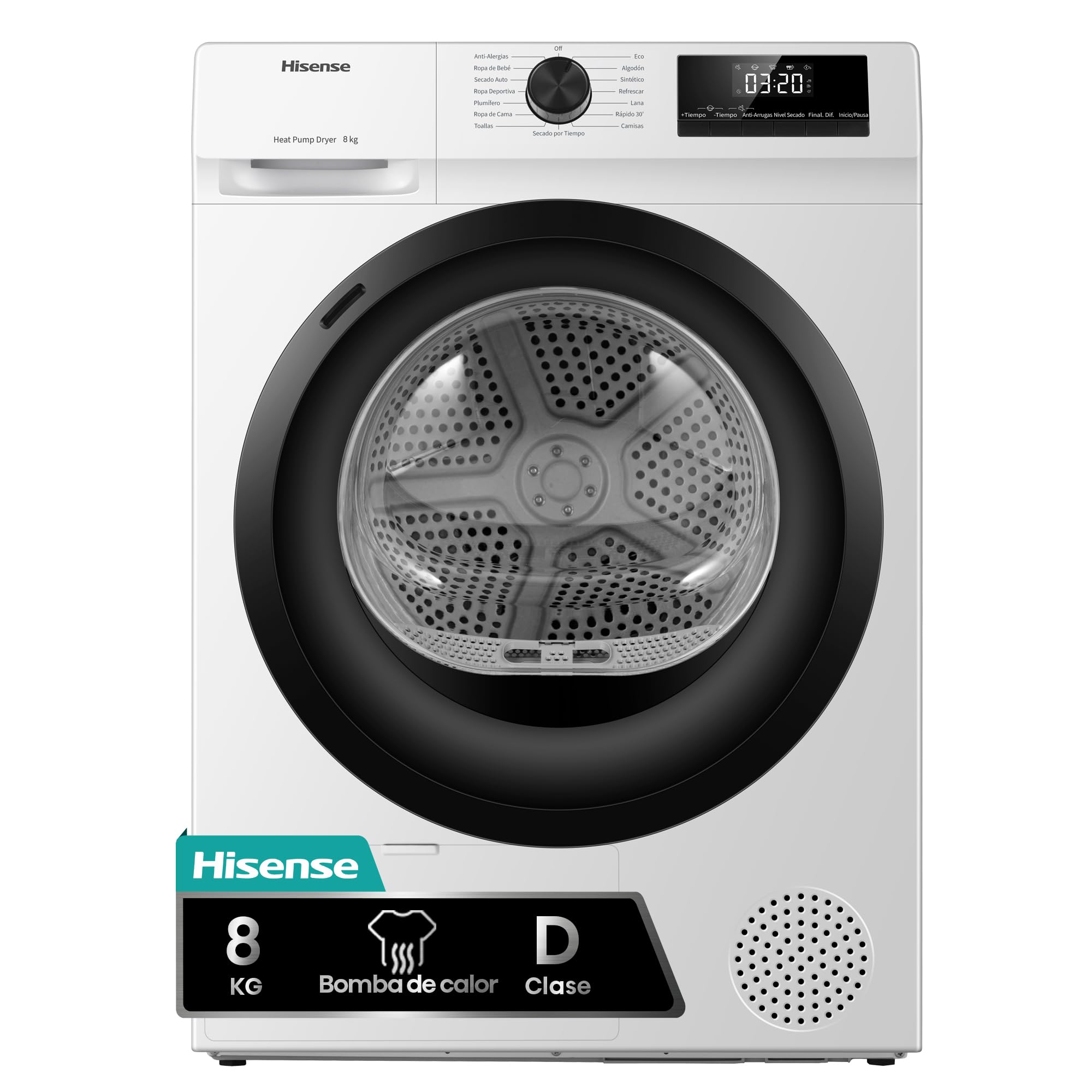 Hisense DHQE800BW2 - Secadora de Ropa, 8Kg, Clase D, Ancho 60cm, 16 Programas, Secado Automático, Secado Rápido, Secado Anti Arrugas, Bomba de Calor, Secado Ion Refresh, Blanco