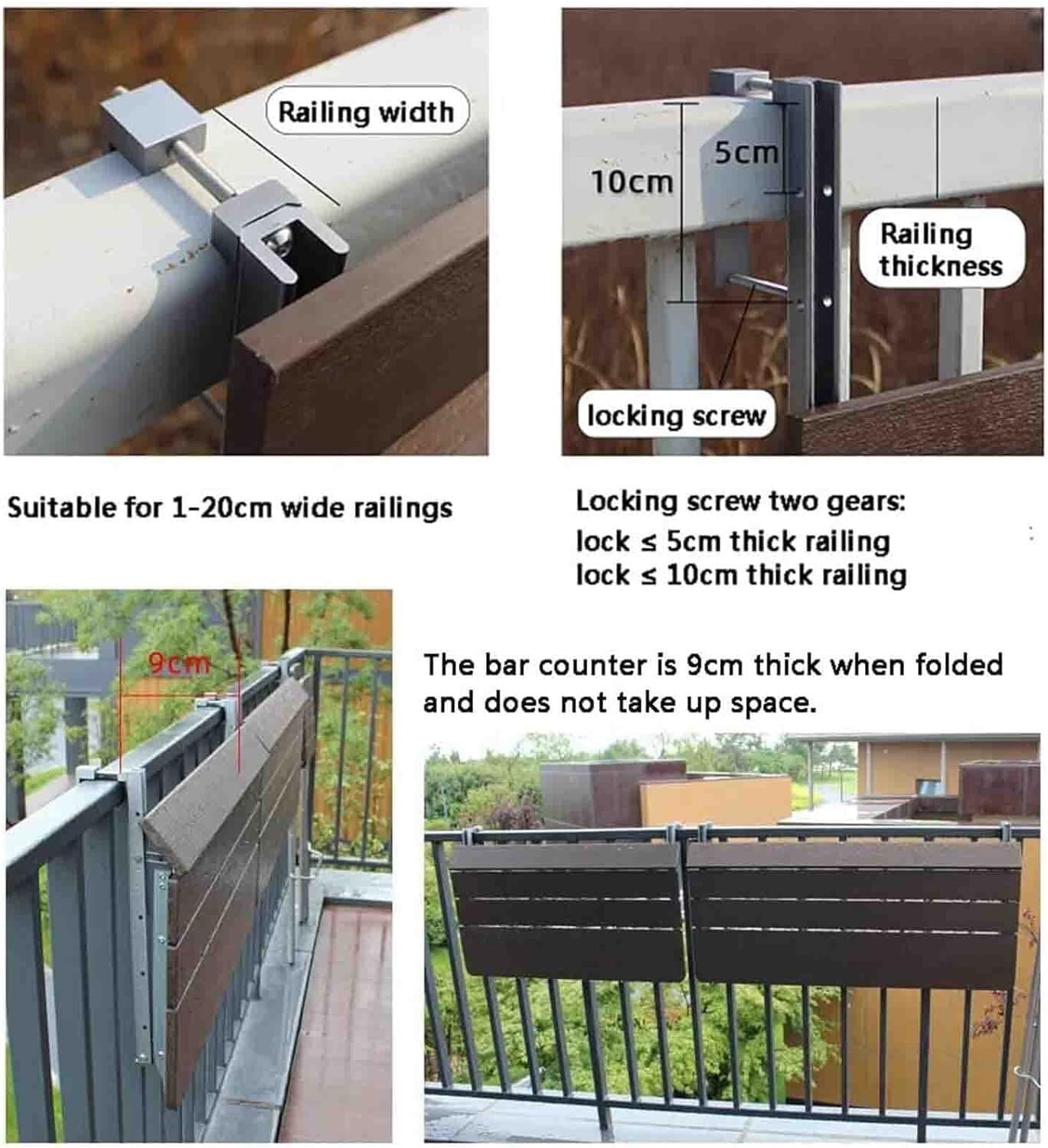 Adjustable Outdoor Wall-Mounted Folding Balcony Table - Drop Leaf Side Table for Patio & Terrace 80x37cm Brown(80x37cm)