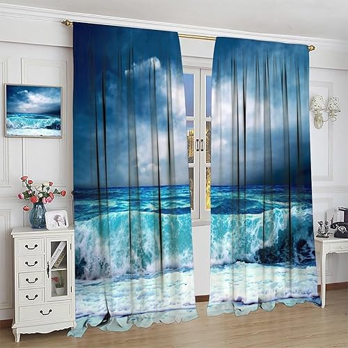 Miniatura 4 de Cortina de playa con estampado de olas azules hawaianas tropicales para verano, cortinas decoradas para dormitorio, sala de estar, bolsillo para