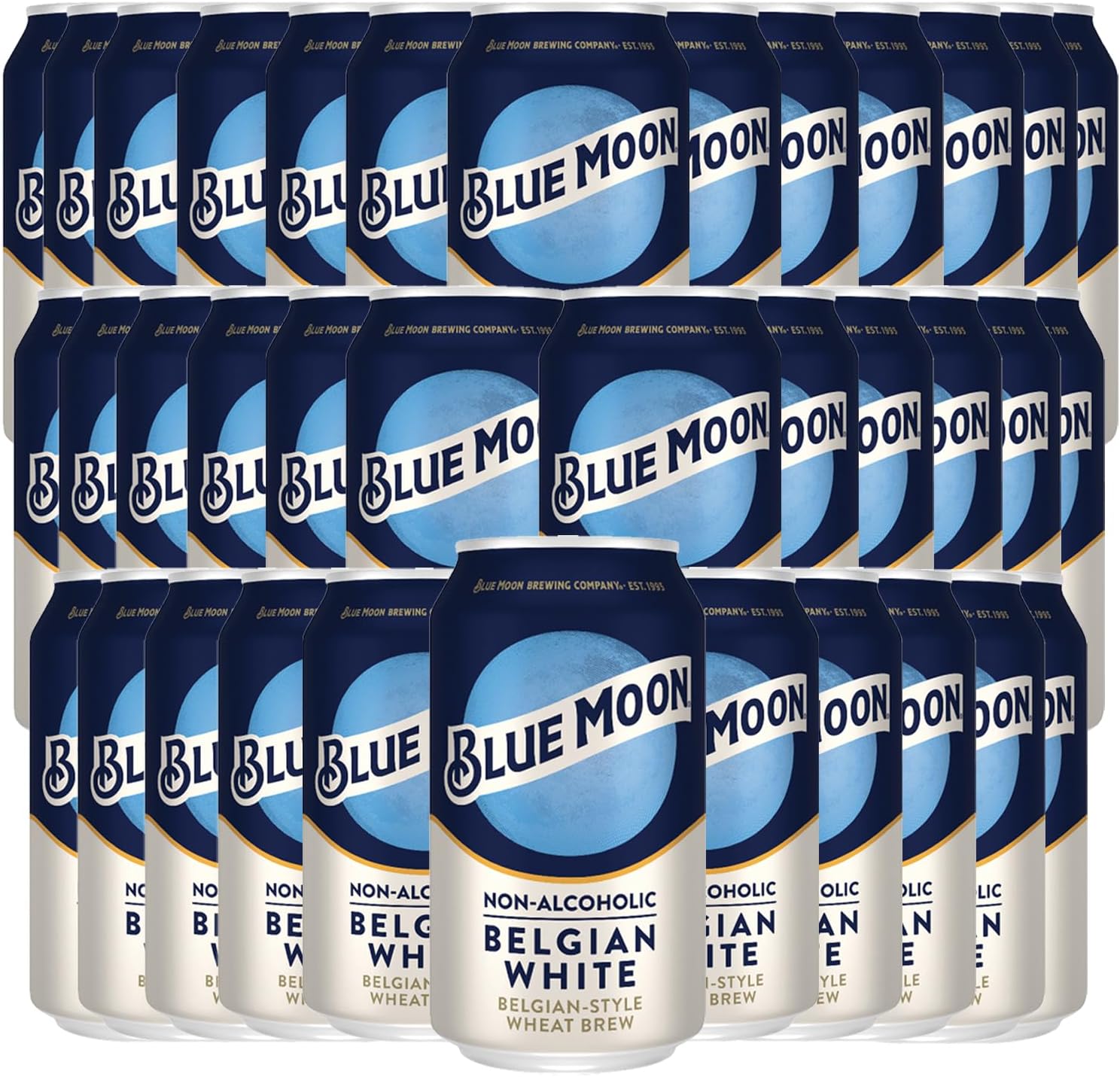 Blue Moon Non-Alcoholic 36 Pack Belgian Style Wheat Beer - Dealcoholized NA Brew in 12oz Cans - Low Calorie: 80 cals, 17g carbs - Refreshing Craft Brew Option