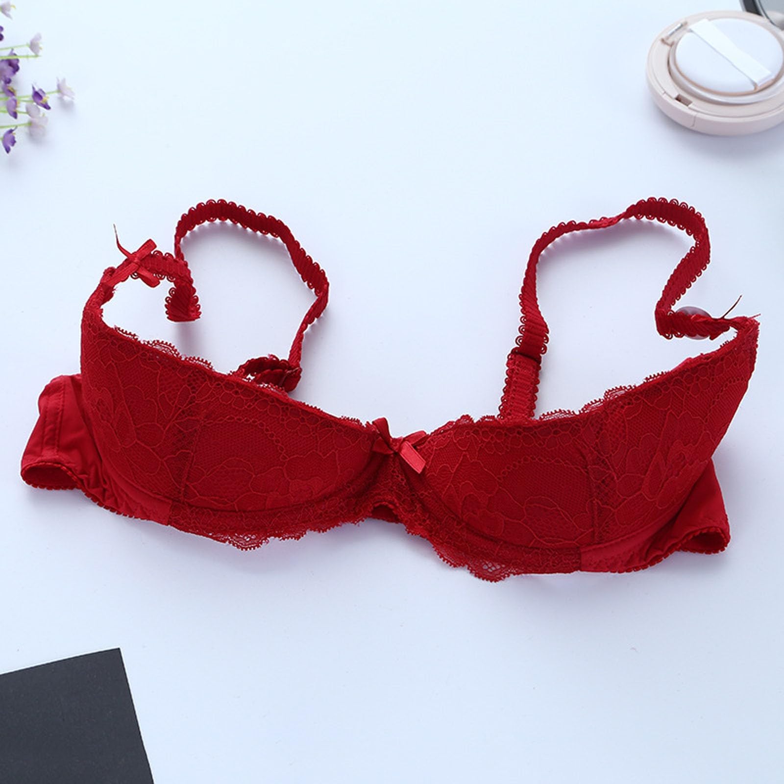 Women See Through Lace 1/4 Cups Balconette Bralette Sexy Underwire Push Up Lingerie Bras Adjustable Straps Underwear: B 03-red 40