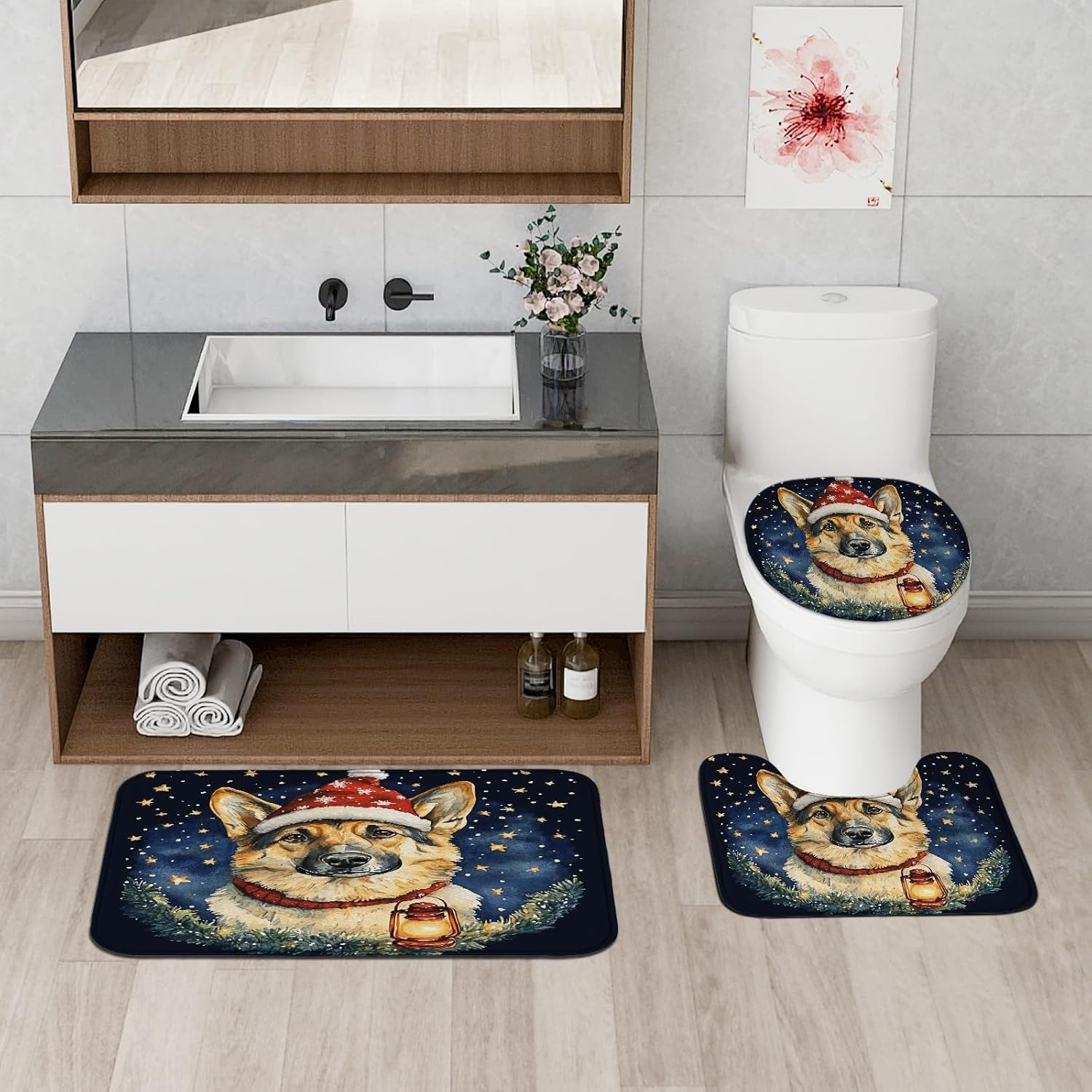 4PCS Christmas German Shepherd Dog Bathroom Accessory Sets with Non-Slip Rug, U Shape and Toilet Lid Cover Mat, Cute Xmas Stars Bathroom Fabric Decor-72''x72''