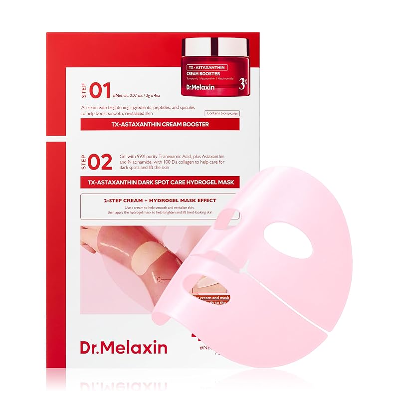 Dr.Melaxin Máscara facial de hidrogel com astaxantina TX, ácido tranexâmico, niacinamida, PDRN e colágeno – Pacote com 4 folhas