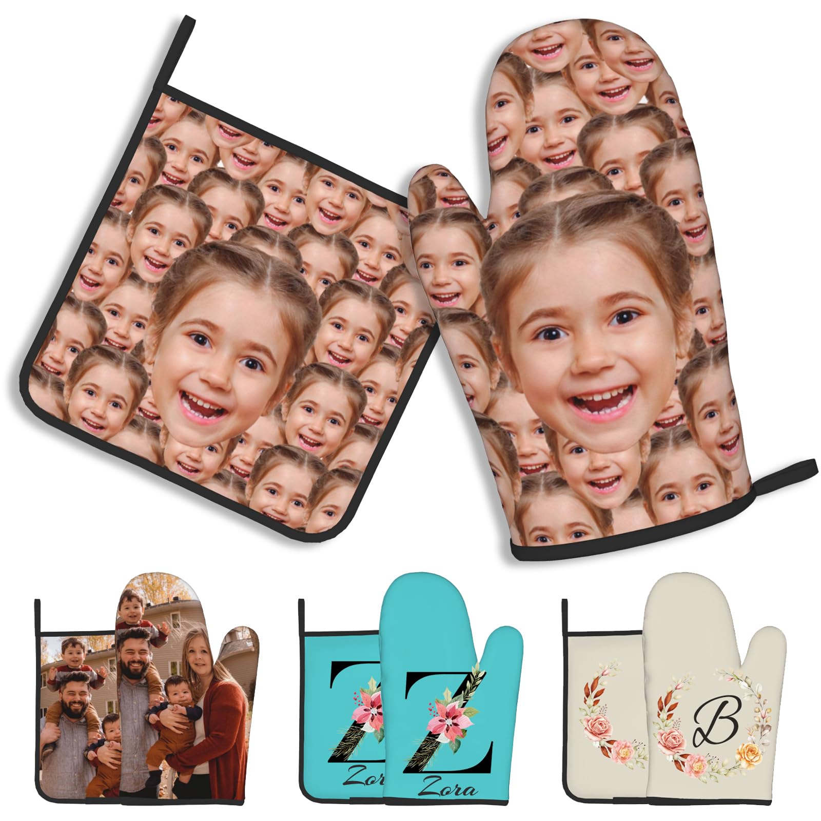 Custom Oven Mitts Pot Holders Personalized Name and Photo Heat and Slip Resistant Oven Mitts for Friends Family Kitchen Cooking Baking Grilling Gift