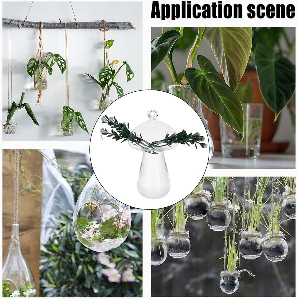 4pcs Glass Hanging Planter Air Fern Holder Hanging Hydroponic Vases with Jute Rope Terrarium Plants Hanger Vase Succulent Planter Terrariums for Moss Air Plants Christmas Decor (Mushroom)