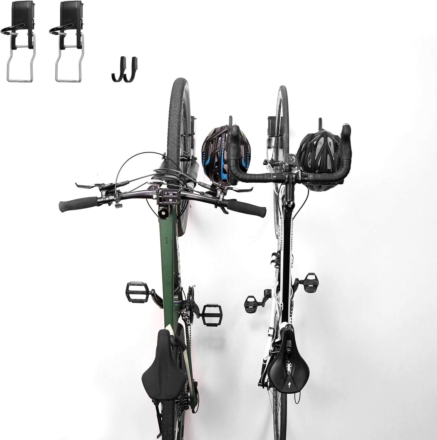 Bike Hook 2 Pack, Max 3 Inch for Mountain Bike eBike, 110 lbs Weight Capacity, with Extra Helmet Hook, Heavy duty Wall mount Bicycle Rack for Garage Storage