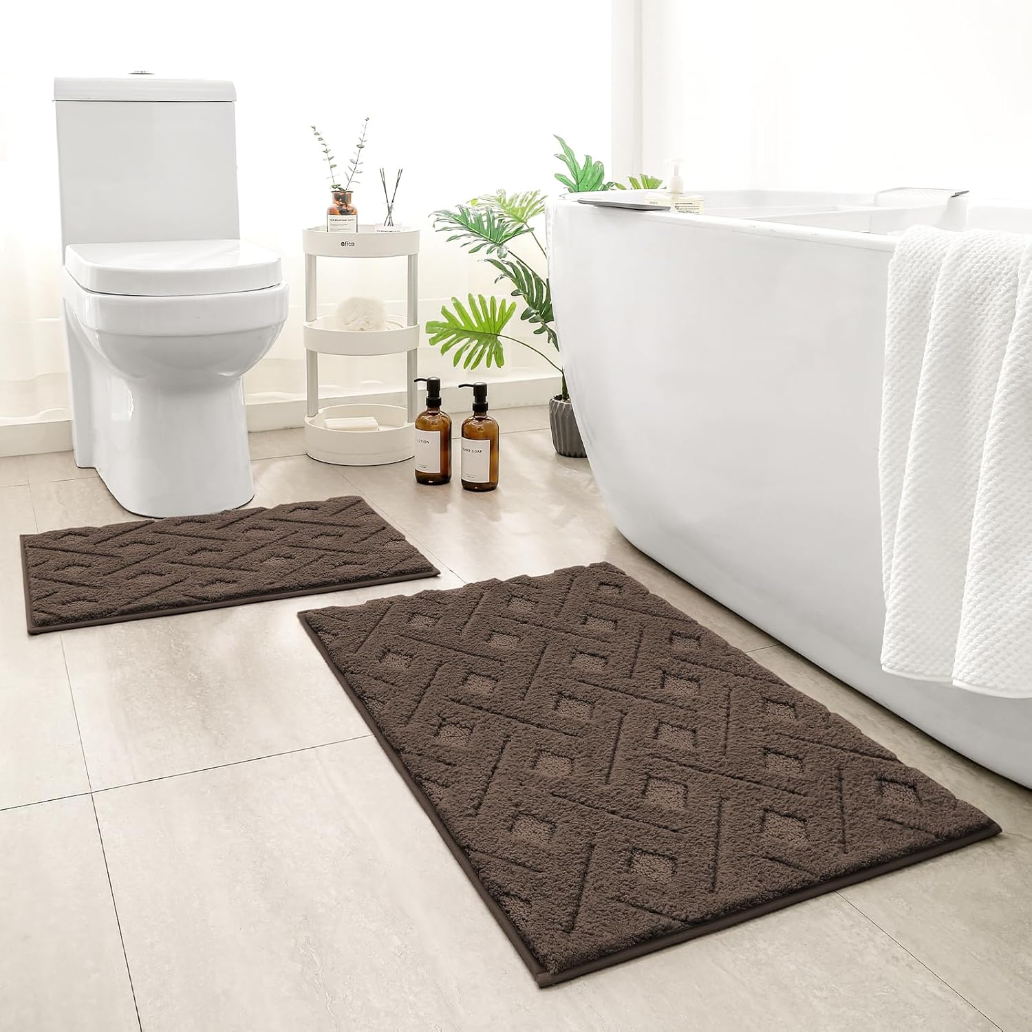 HOMEIDEAS Bathroom Rugs Sets 2 Piece, Extra Soft Shaggy Absorbent Non Slip Machine Washable Grid Bath Mat for Floor, Tub and Shower (Brown) HOMEIDEAS Bathroom Rugs Sets 2 Piece, Extra Soft Shaggy Absorbent Non Slip Machine Washable Grid Bath Mat for Floor, Tub and Shower (Brown)