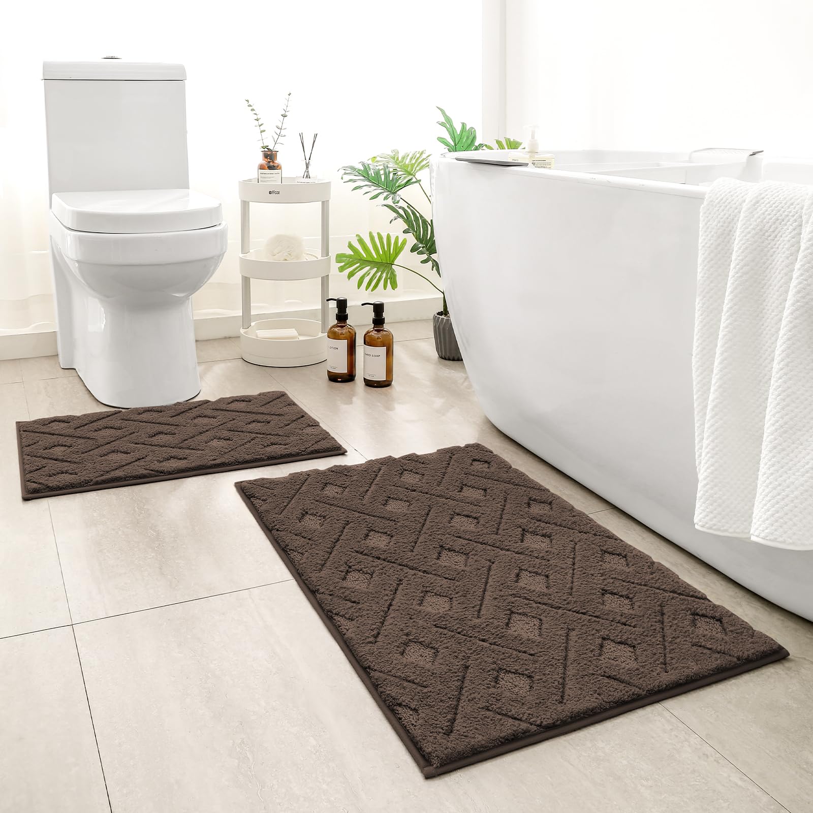 HOMEIDEAS Bathroom Rugs Sets 2 Piece, Extra Soft Shaggy Absorbent Non Slip Machine Washable Grid Bath Mat for Floor, Tub and Shower (Brown)