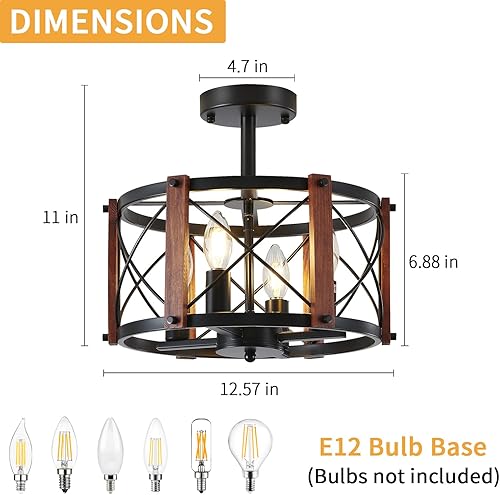 Miniatura 5 de 4 luces de techo de granja, de madera, semiempotradas, accesorios de iluminación de cocina, lámparas industriales negras para entrada, candelabros
