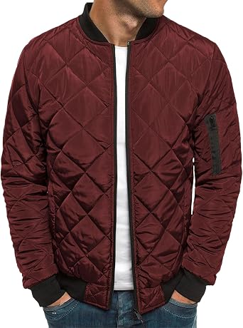Mens Bomber Jackets Diamond Quilted Fall Winter Rib Varsity Lightweight Coat Warm Padded Coats Outwear