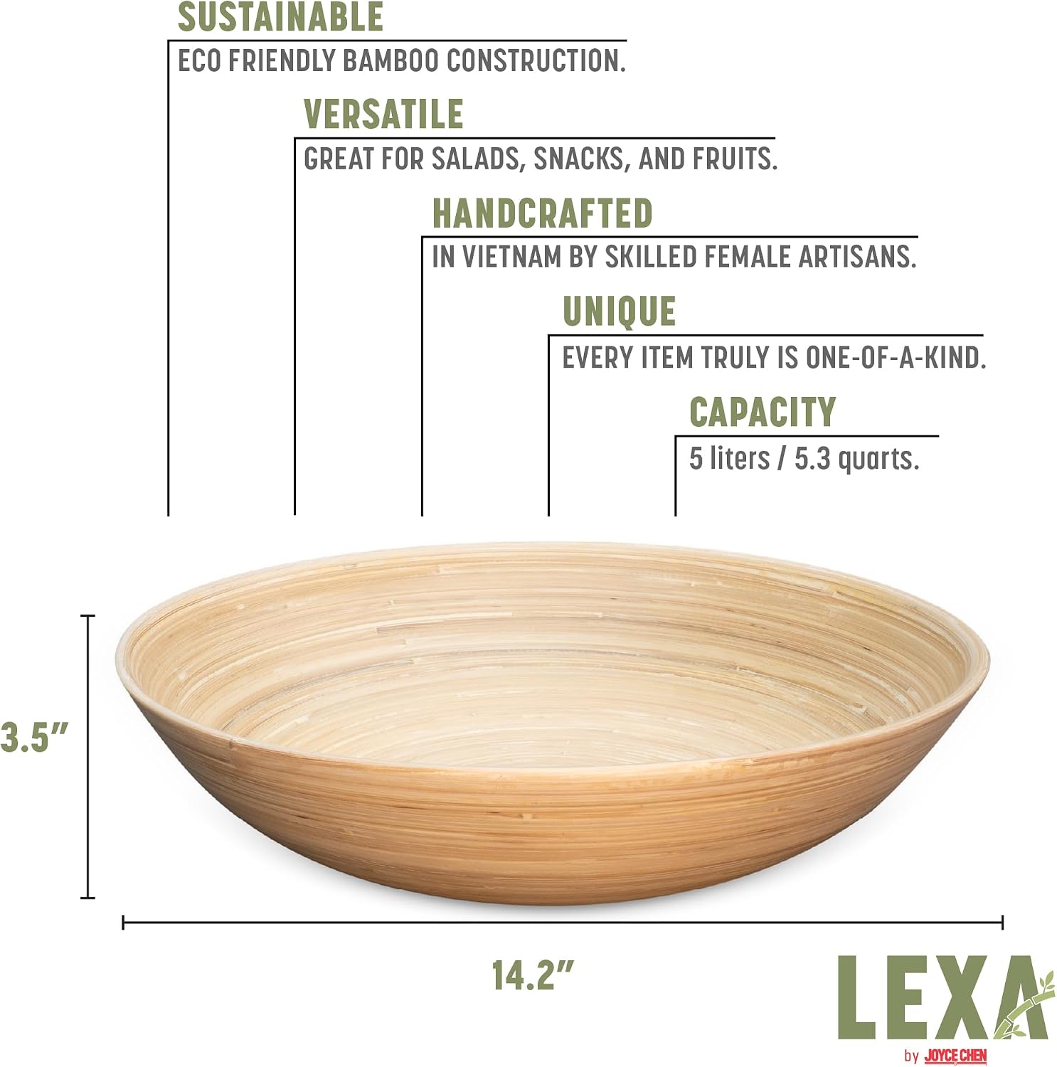 LEXA 14" Handmade Bamboo Salad Bowl – 130 oz Large Wooden Fruit Bowl for Kitchen Counter, Natural Bamboo