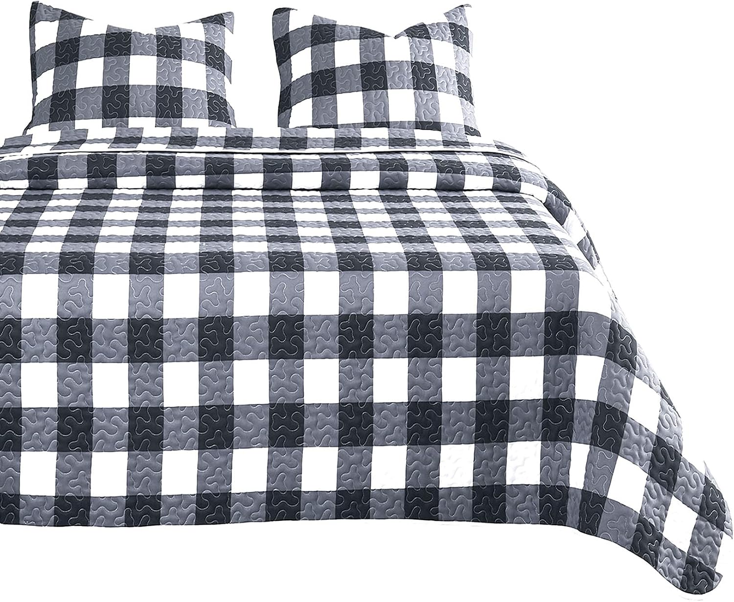 Wake In Cloud - Plaid Quilt Set, Buffalo Check Gingham Geometric Checker Pattern Printed in Black White and Gray Grey, Soft Microfiber Bedspread Coverlet Bedding (3pcs, Queen Size)