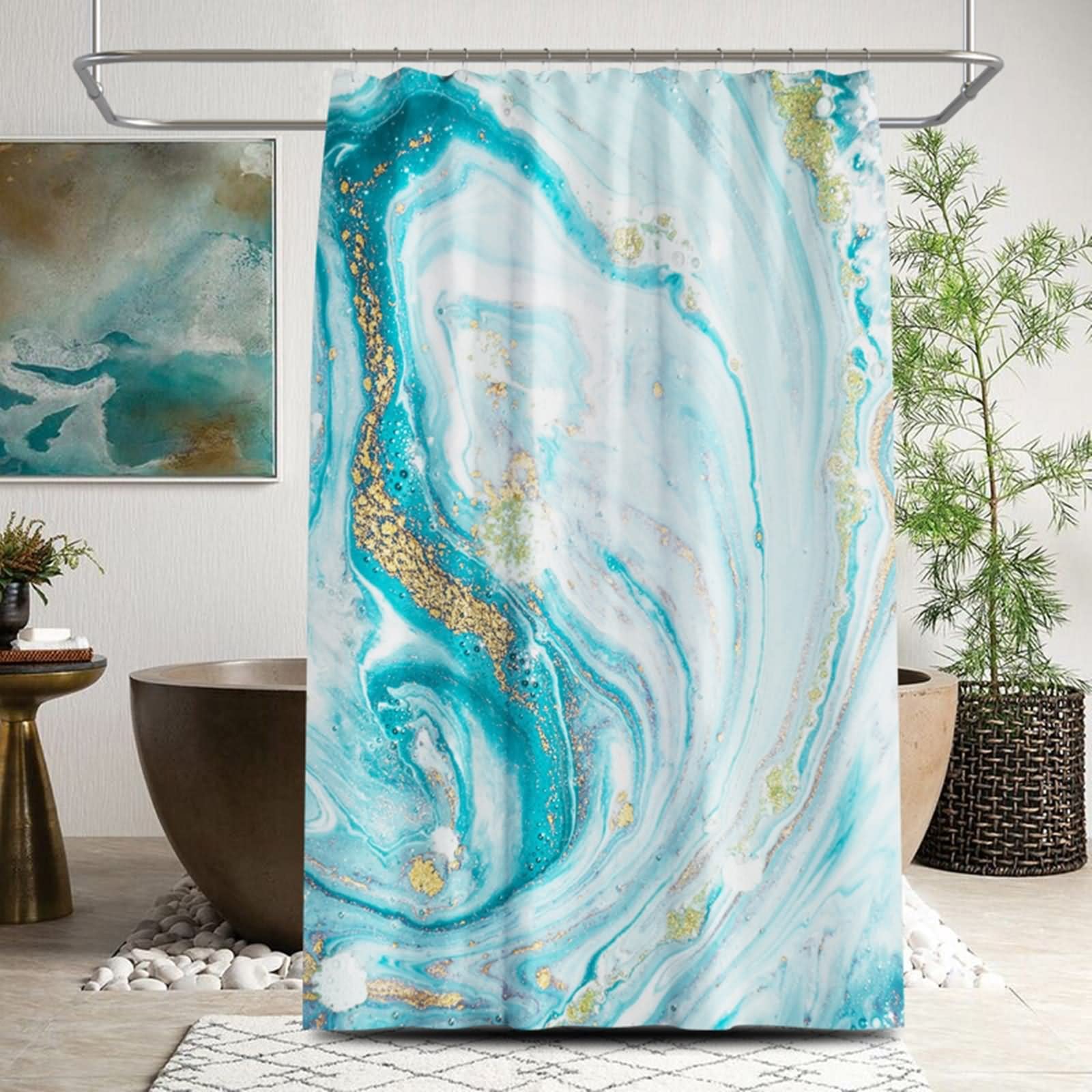 Elegancka zasłona prysznicowa, dekoracyjna zasłona prysznicowa pozłacany marmur biały niebieski poliester 180 x 244 cm akcesoria łazienkowe
