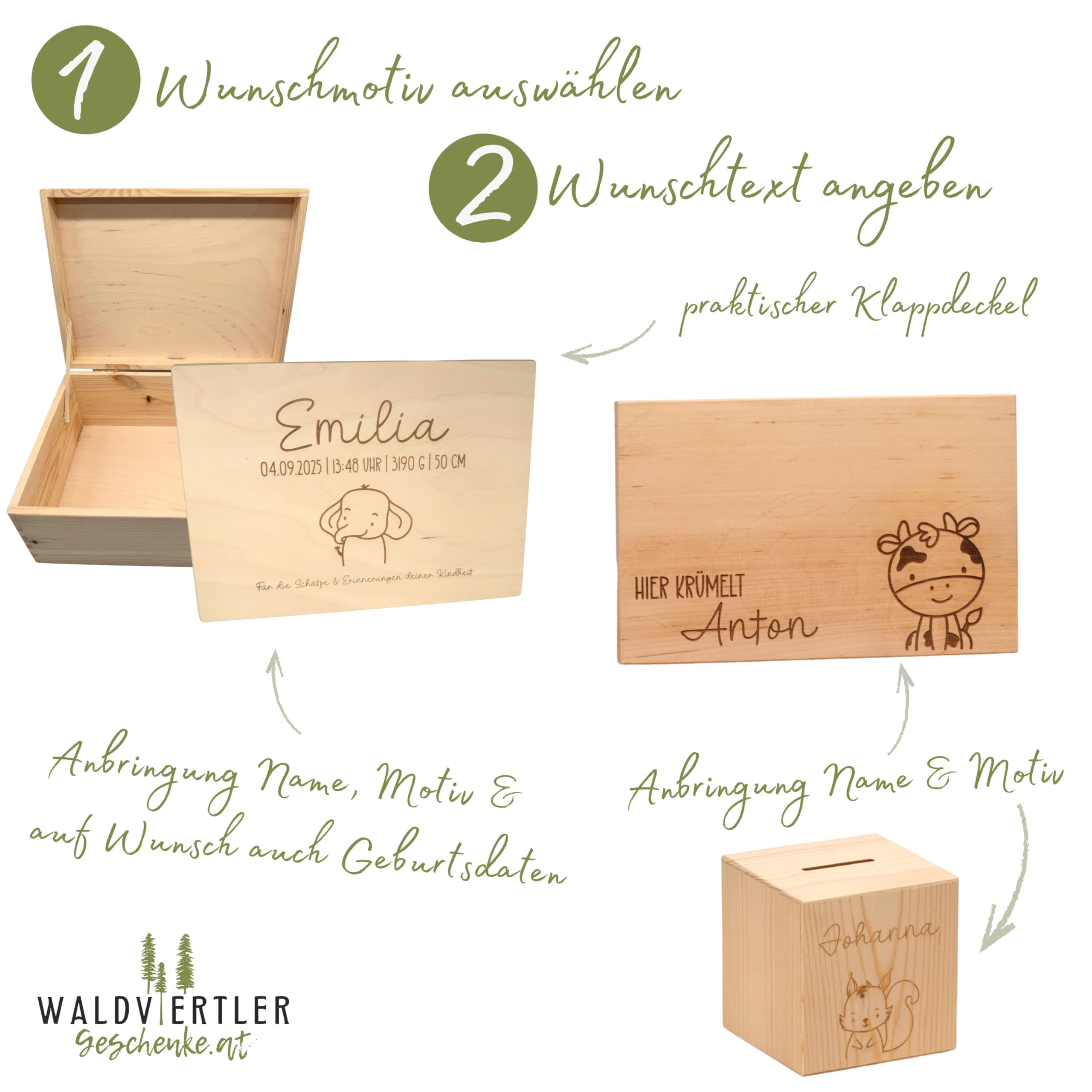 Sparset zur Geburt – Erinnerungsbox L mit Klappdeckel + personalisierte Spardose + Krümelbrett mit Name – handgefertigt & individuell graviert