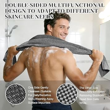 Exfoliating Shower Towel 47,Premium Scrub Wash Cloth for Body Face,2-in-1 Exfoliating Washcloth-Body Scrubber with 2 Sides for All Skin Types (Black)