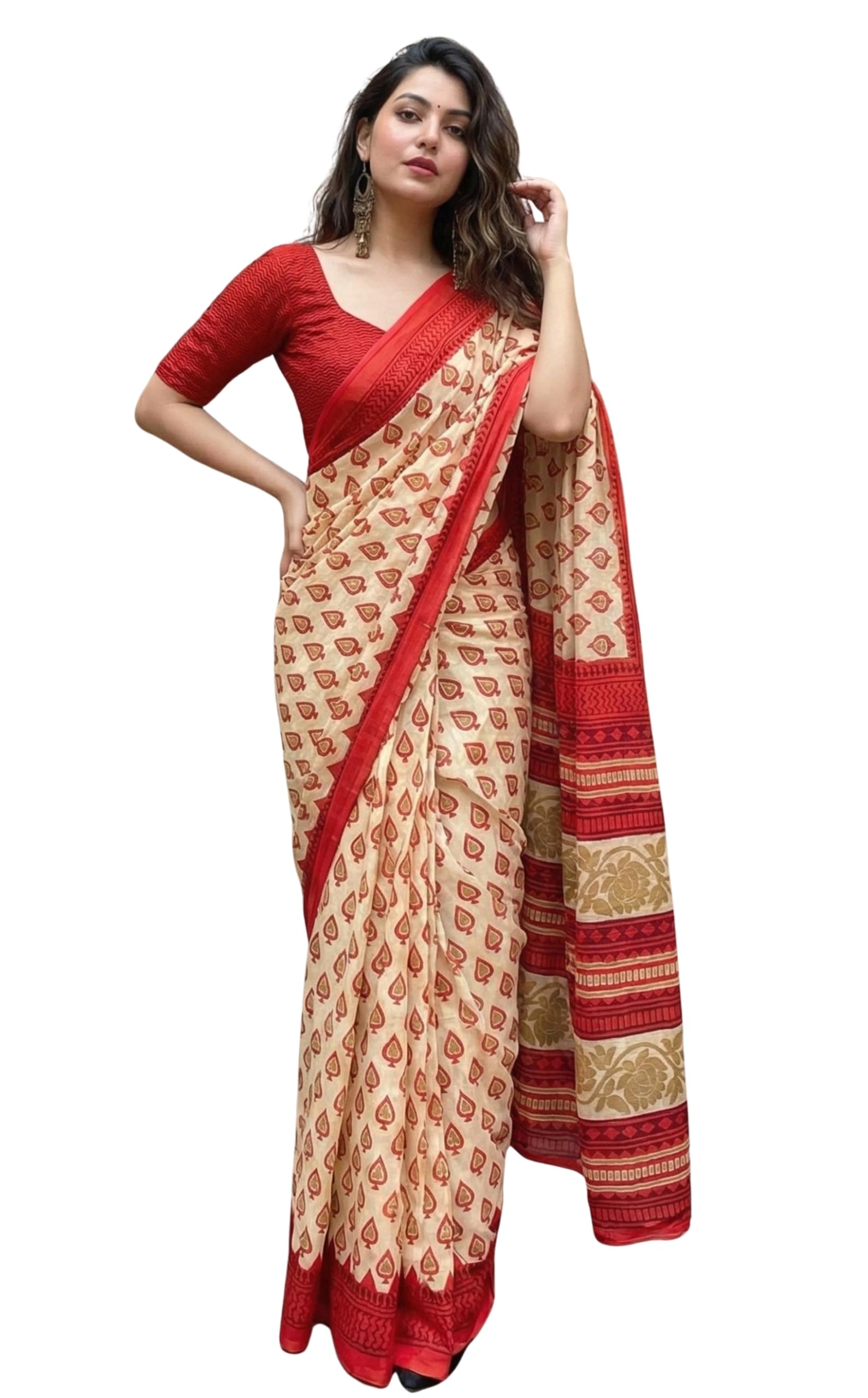 Women's Mulmul Cotton Saree, Kalamkari Handblock Print, Ekat Design, 5.5 Metre with Blouse Piece-image-25