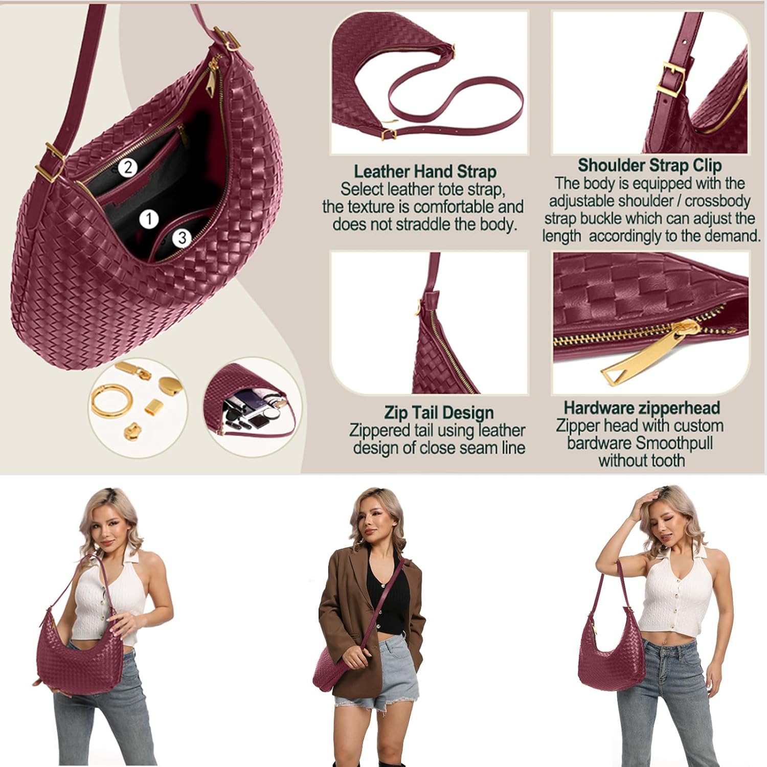 Shoulder Bag Handbag for Women Crossbody Tote Bags Woven Purse Clutch Women's Medium Underarm Hobo With Pocket Large - Image 5