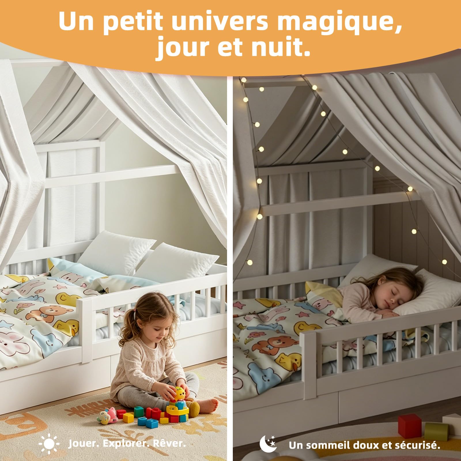 Lit Cabane Enfant, Ciel de Lit Cabane avec 2 Pièces Rideaux, Baldaquin Ciel en Tissu Doux Respirant, Ensemble de Décoration pour Chambre Fille Garçon (Blanc, 70x270cm)