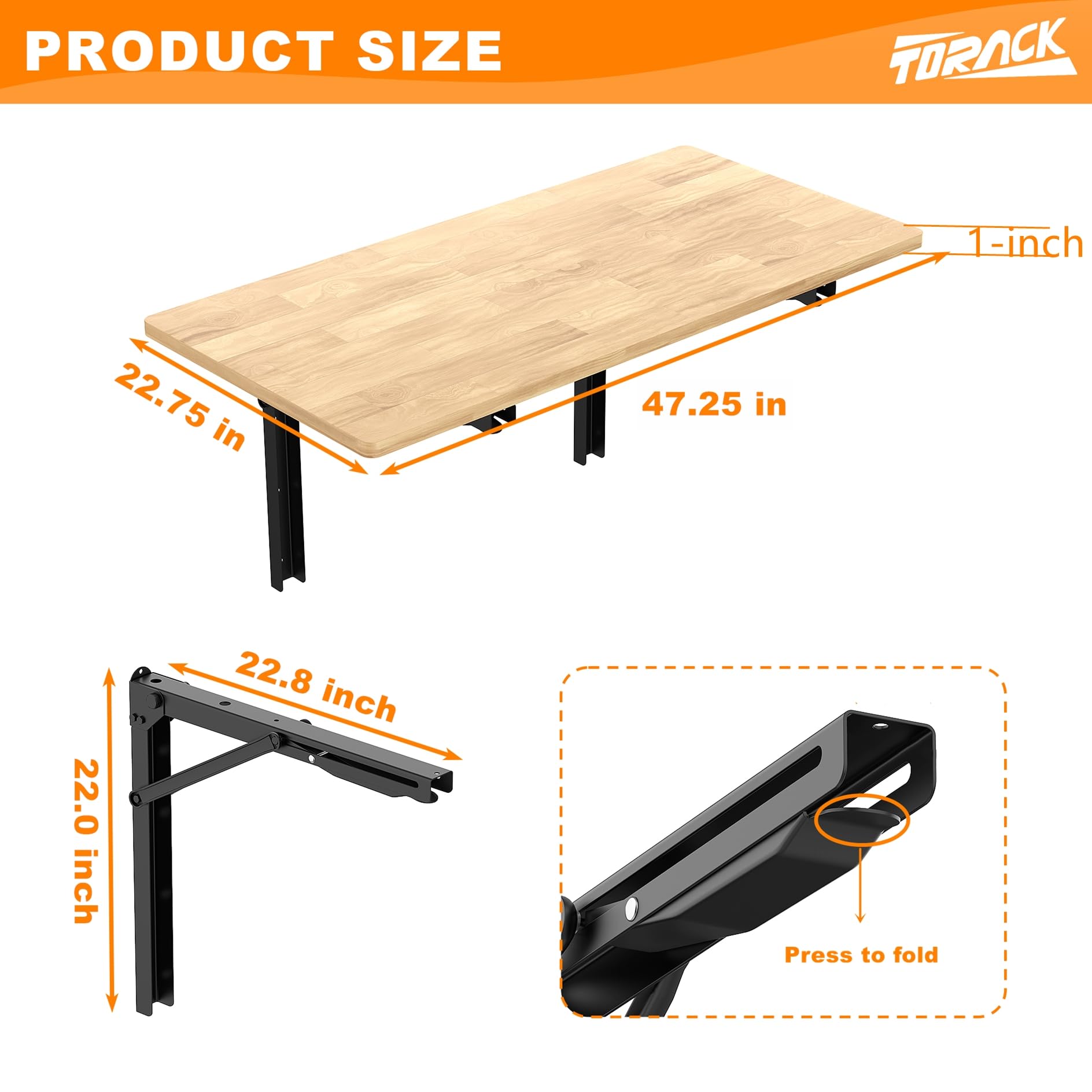 TORACK Banco de trabajo plegable montado en la pared resistente, mesa de pared plegable que ahorra espacio para garaje, taller, hogar, soporta hasta 550 libras (tamaño del tablero: 47.25 x 27.75