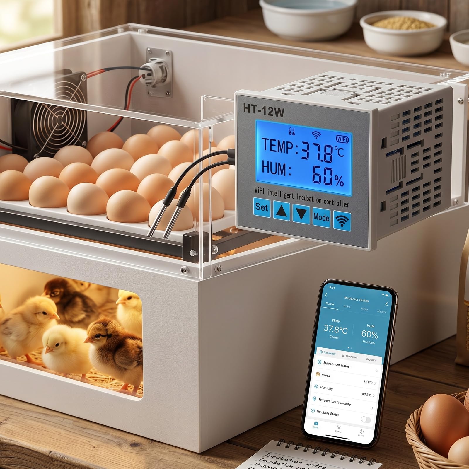 Fdit Regolatore di Temperatura per Incubatrice per Uova, Igrometro LCD WiFi | Controllo remoto tramite smartphone tramite WiFi, precisione della temperatura di ±0,1℃, uscita a 4 , 999 record di