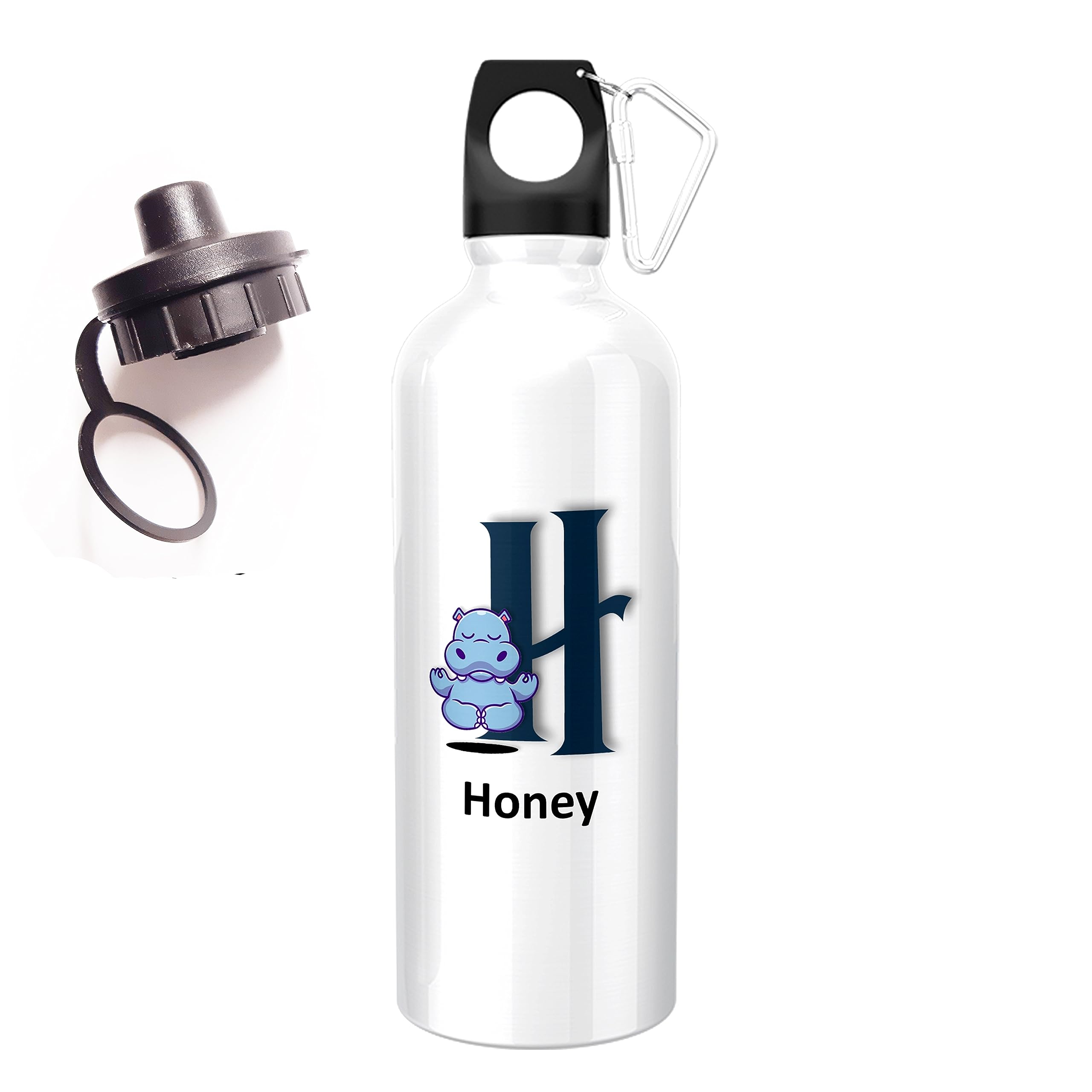 ShopQuality4U Personalised Gift 500ml Water Bottle Animal Hippo Initials with Screw Cap and Carabiner