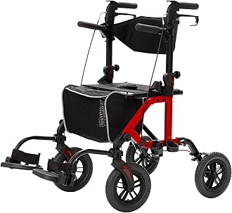 ELENKER All-Terrain 2 in 1 Rollator Walker & Transport Chair, Folding Wheelchair with 10” Non-Pneumatic Wheels for Seniors, Reversible Backrest & Detachable Footrests, Red