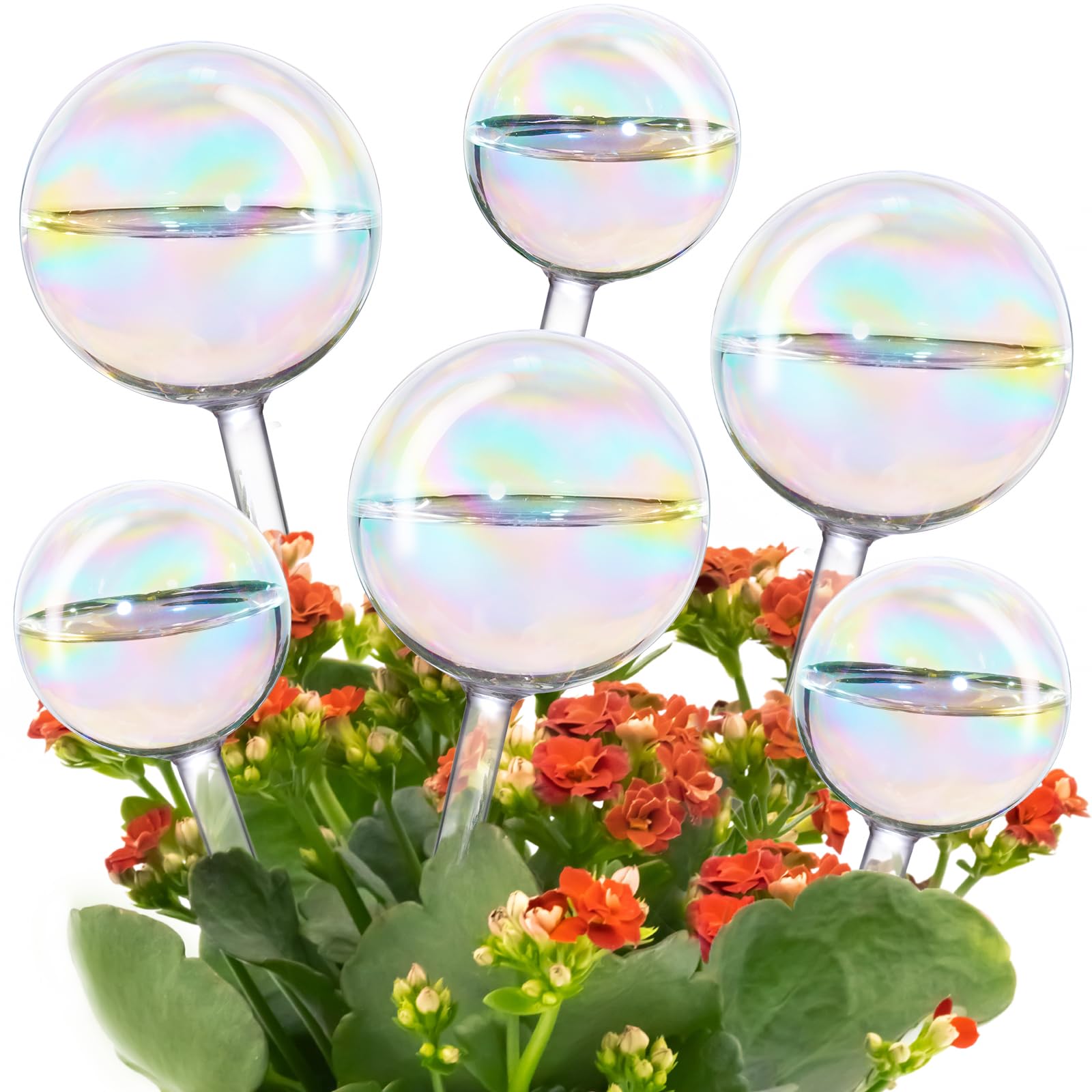 Tomorotec Iridescent Glass Self Watering Globes 6-Pack (3 Large+3 Small), Decorative Hand-Blown Rainbow Glass Watering Bulbs, Automatic Irrigation for Indoor & Outdoor Plants, Easy to Use and Maintain