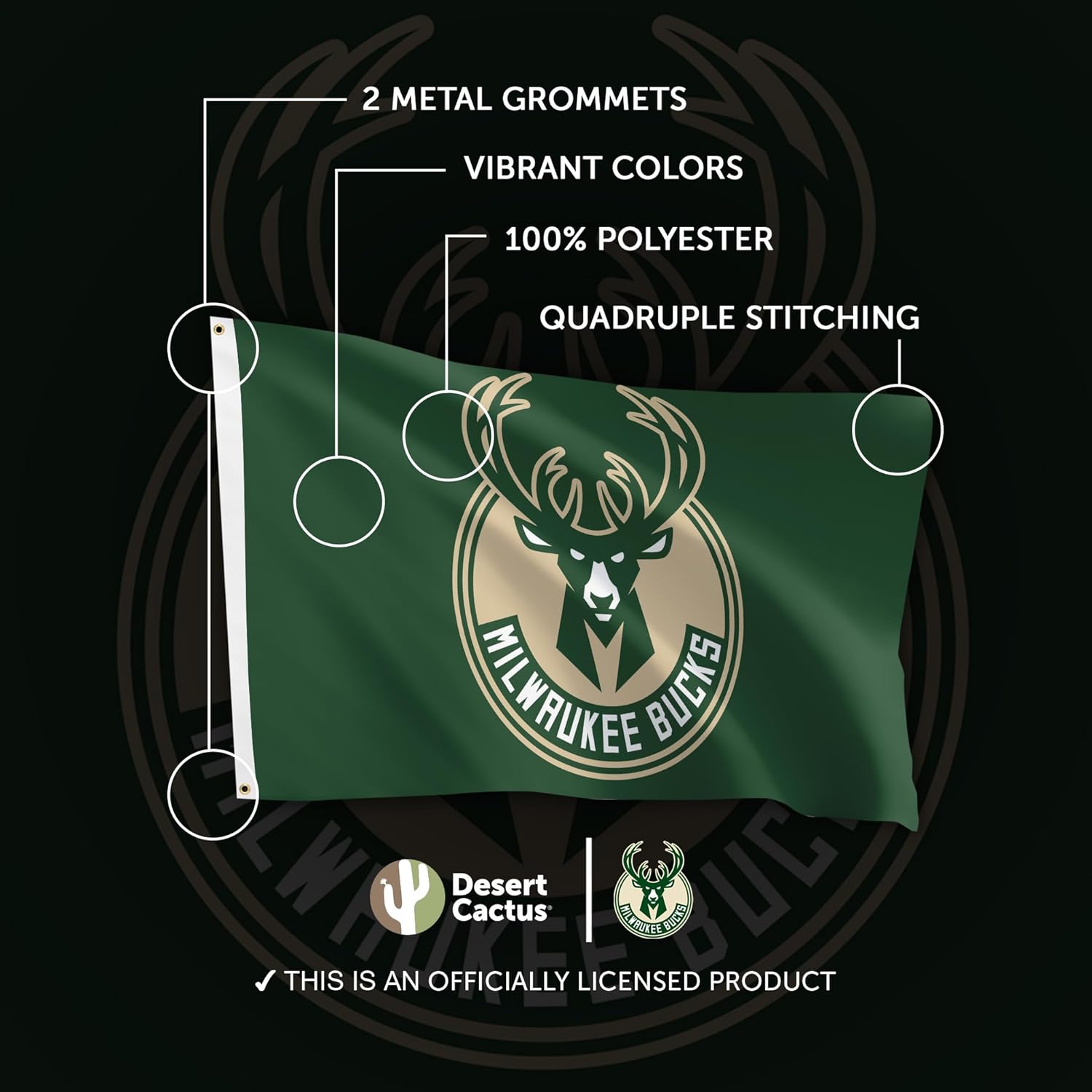 Desert Cactus Milwaukee Bucks Flag NBA 100% Polyester Indoor Outdoor 3x5 feet National Basketball Association Team Flags (Flag #2) - Image 4