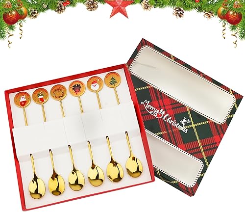 Paquete de 6 cucharas de estilo navideño, cucharas de acero inoxidable, cucharas doradas de café de Navidad, cucharas de postre, cuchara mezcladora,