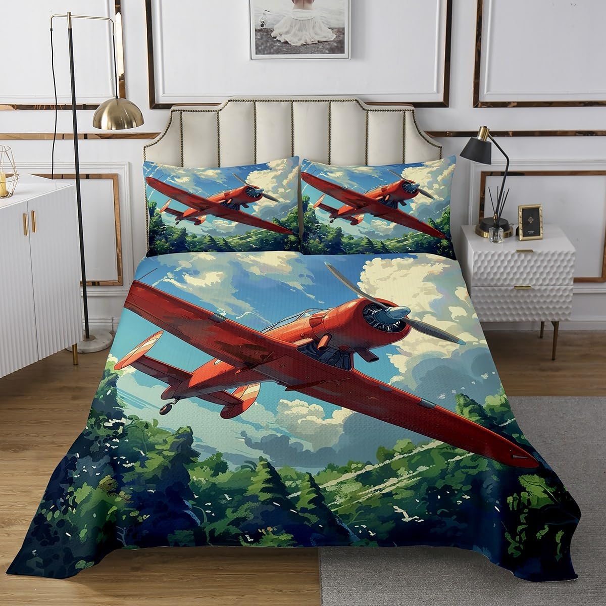 Homewish Flying Theme Bedspread Queen Size,Airplane Aircraft Bedding Set for Kids Girls Boys Room Decor,Woodland Nature Scenery Quilt 3Pcs,Vintage Red Plane Microfiber Coverlet Set,2 Pillowcases