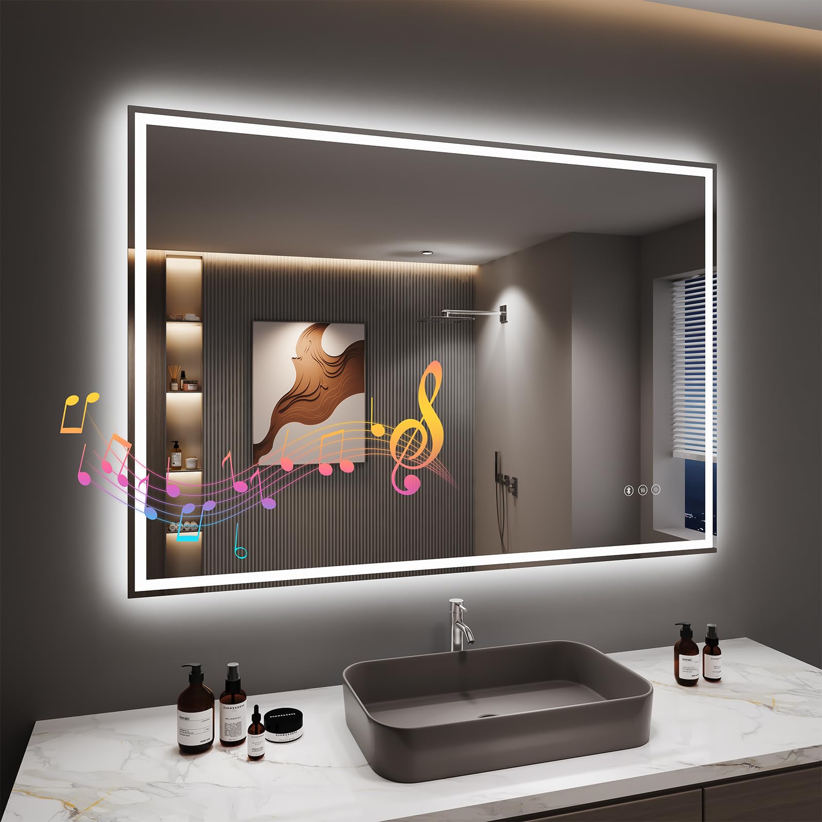 Dripex Bluetooth LED Bathroom Mirror with Shaver Socket, 700 * 1000 MM Dimmable 3 Colors Illuminated Backlit Wall Mounted Bathroom Mirrors Anti-fog Vanity Mirror, Horizontal/Vertical