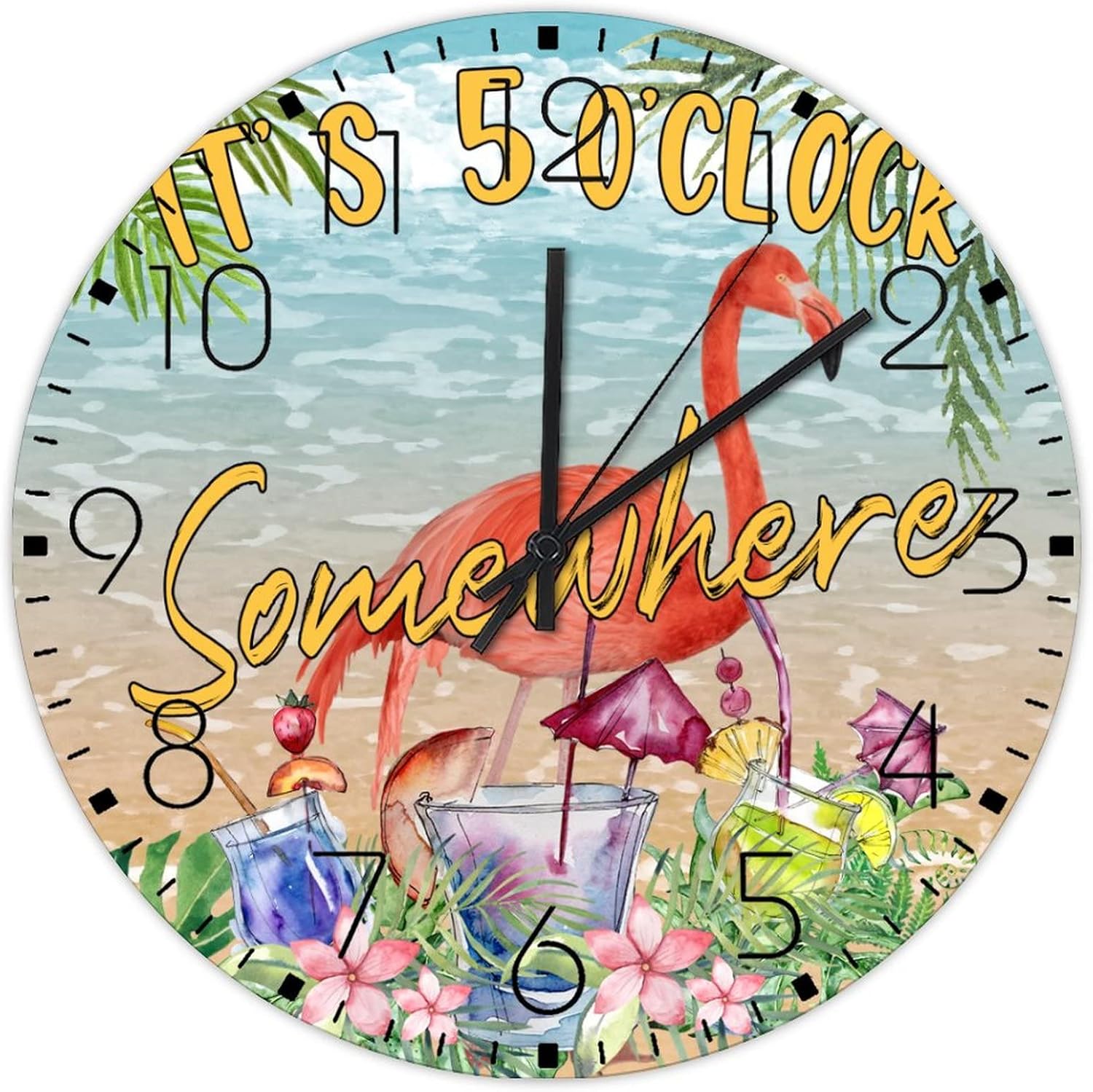 15 Inch Silent Non-Ticking Wall Clocks Battery Operated It's Five O'clock Somewhere Home Decor for Living Room Macaw Flamingo Animal Pet Custom Round Wooden Wall Clock Country for Dining Room New Home