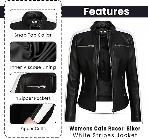 Miniatura 6 de UGFashions Womens Racing Style Black Lambskin Leather Jacket - Cafe Racer Retro Biker White Stripes Vintage Motorcycle Jacket