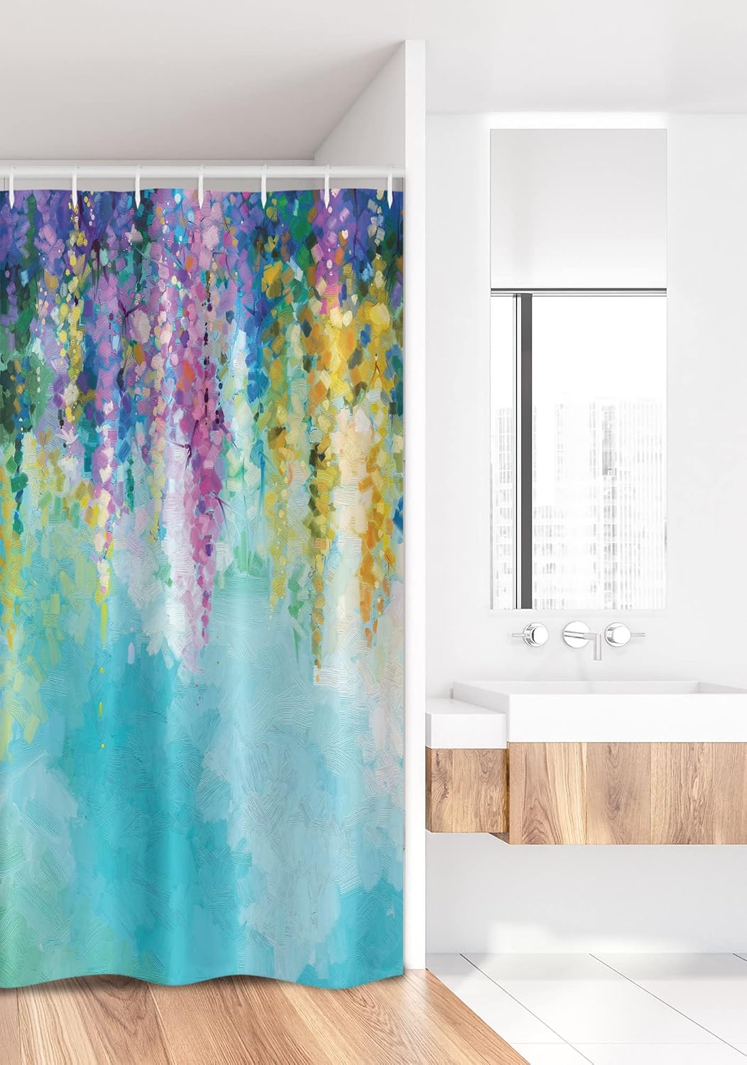 Ambesonne Flower Stall Shower Curtain, Abstract Ivy Romantic and Landscape Spring Floral Art Nature Theme, Fabric Bathroom Decor Set with Hooks, 36" W x 72" L, Sea Blue Sky Blue Off White