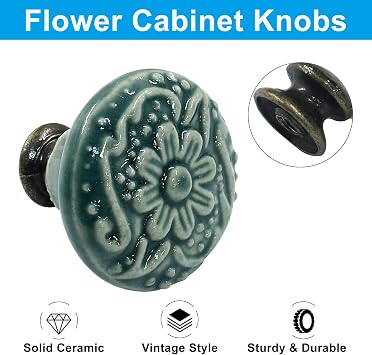 Piutouyar Green Ceramic Cabinet Knobs, 34mm / 1.3 Inch, 4Pcs