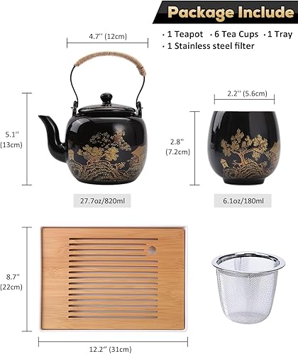 Miniatura 5 de Dujust Juego de Té Japonés, Juego de Té de Porcelana Negra con 1 Tetera, 6 Tazas de Té, 1 Bandeja de Té, 1 Infusor de Acero Inoxidable, Hermosos