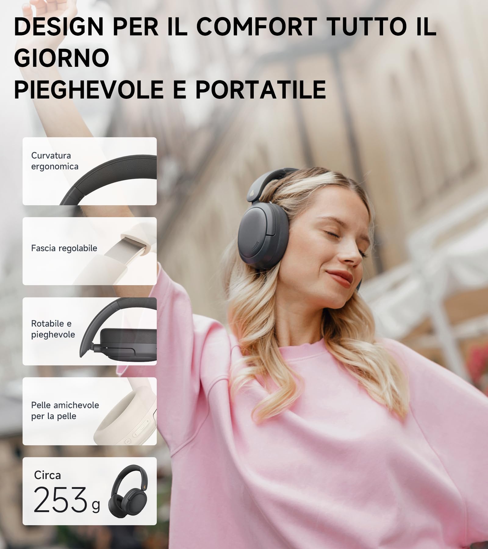 Edifier W800BT Pro Cuffie Cancellazione Attiva del Rumore Ibrida, Bluetooth 5.4, Hi-Res Audio, Riduzione del Rumore delle Chiamate AI, 45 Ore Autonomia, Ricarica Rapida, Pieghevole - Grigio