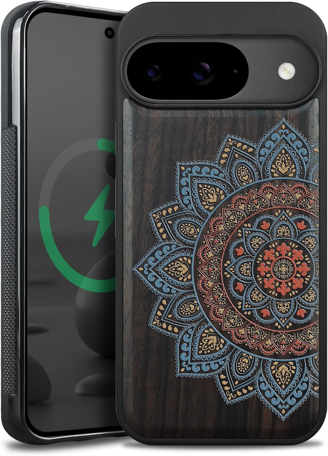 Magnetic for Google Pixel 9 / Pixel 9 Pro Case Compatible with MagSafe Wireless Charging, Natural Wood Cover & Shockproof TPU Phone Case, Hand-Drawn Pattern - Botanical Garden