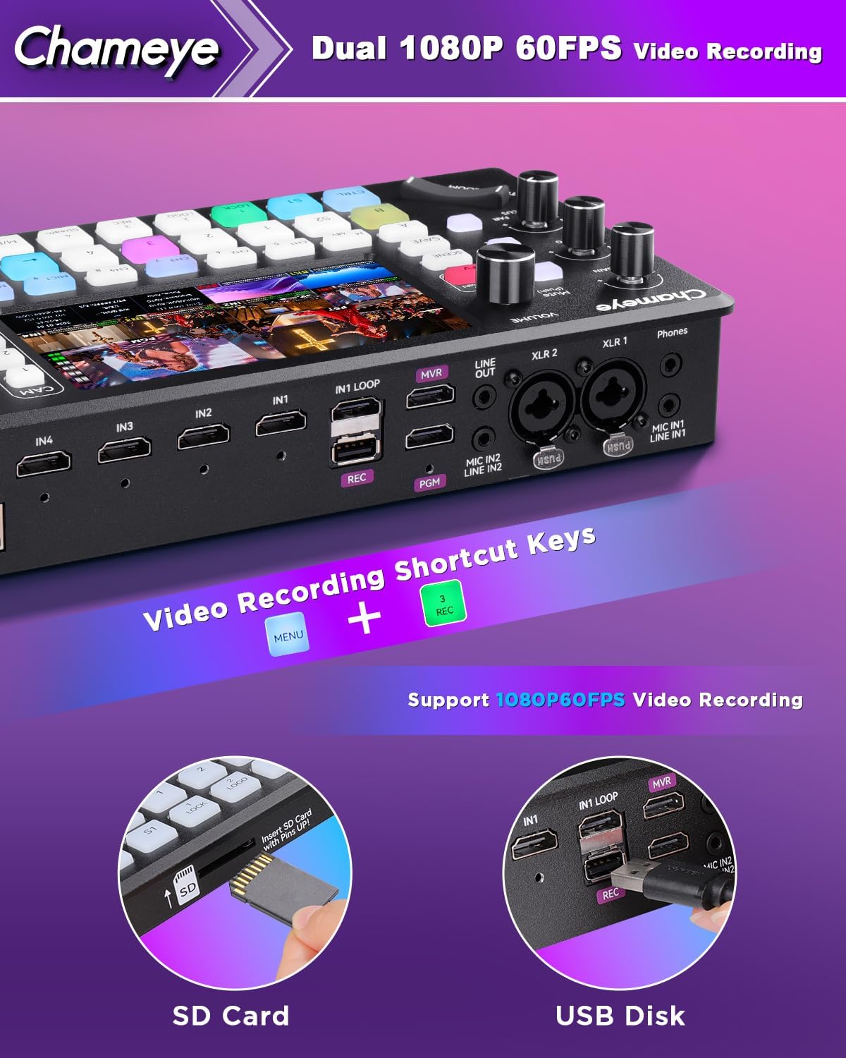 Chameye M500 Video Mixer Switcher 4K, Multi-Camera Live Streaming 4K HDMI Video Switcher, 5.5" Screen with 4D Joystick PTZ Controller, Pro XLR Audio,USB/SD Recording, 4K60FPS Input 1080P60FPS Output