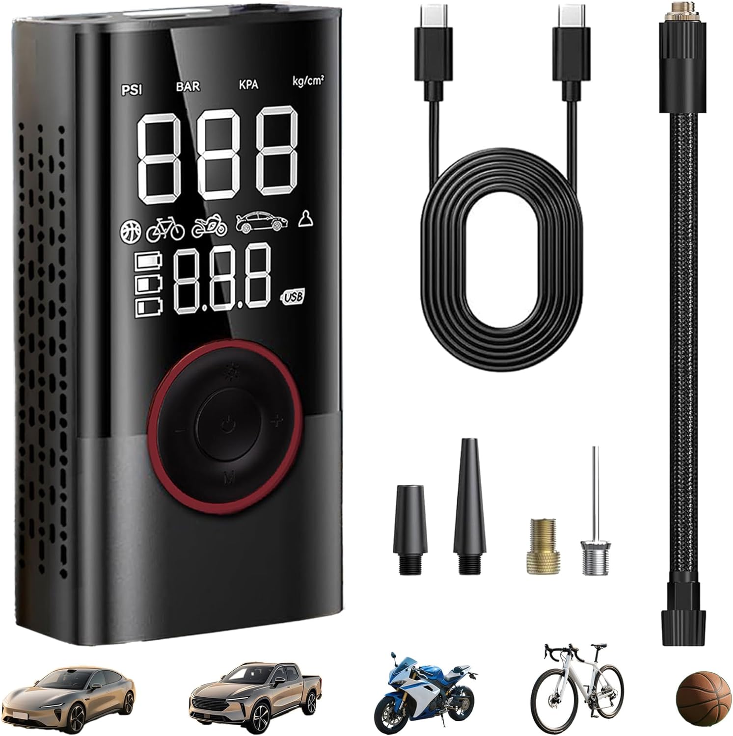 Tire Inflator, Cordless Tire Air Compressor with LED & 150PSI Digital Pressure Gauge, Portable Inflator for Car, Motorcycle, Bike & Sports Equipment, Black
