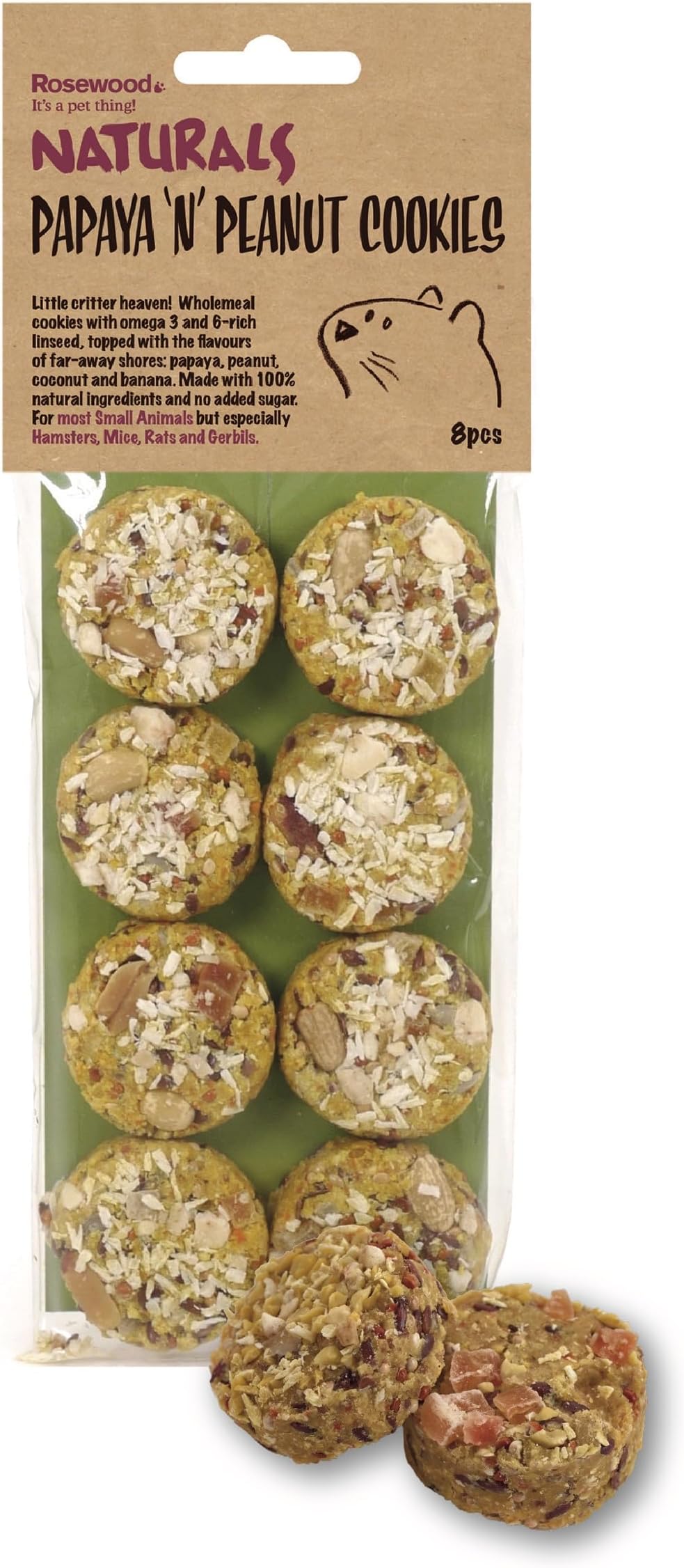 Rosewood Naturals Papaya 'n' Peanut Cookies, Small Animal Treats for Hamsters, Gerbils, Mice and Rats, 80g