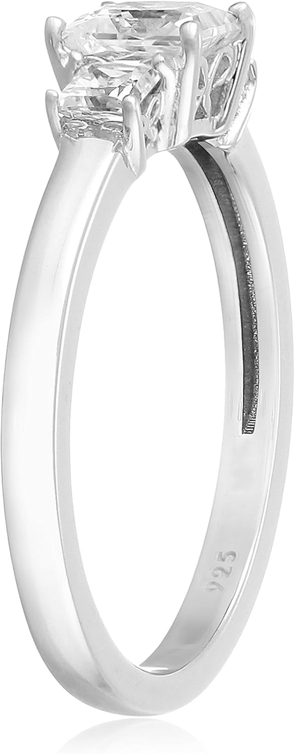 Amazon Essentials Platinum or Gold Plated Sterling Silver Princess-Cut 3-Stone Ring made with Infinite Elements Zirconia